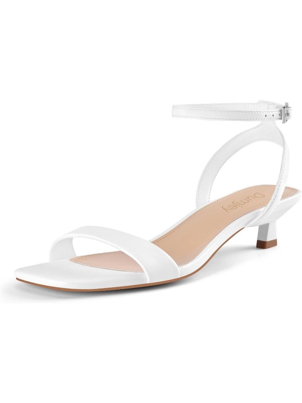 Women's White Faux Leather Square Open Toe Ankle Strap Kitten Heeled Sandals